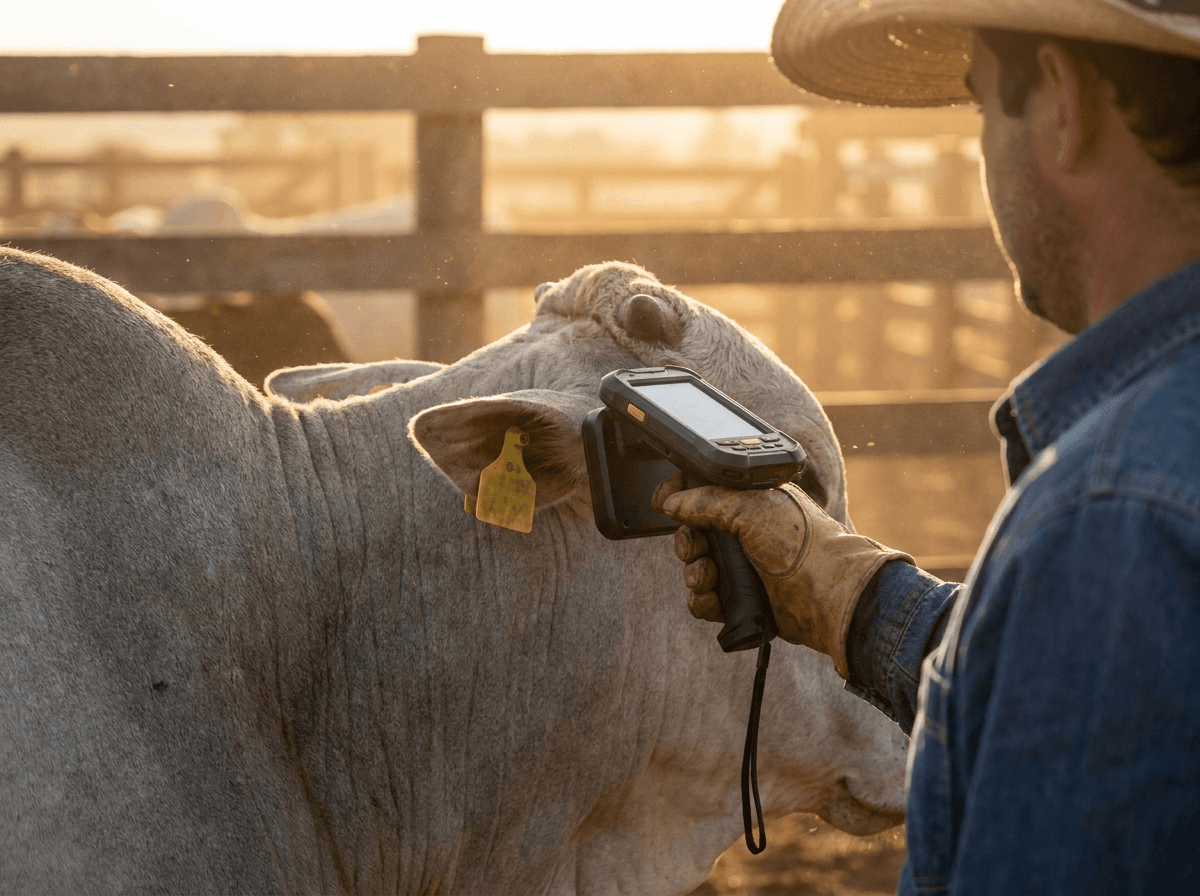 Leitura de brinco RFID em um touro Boran no curral, ao entardecer (imagem conceitual gerada digitalmente).