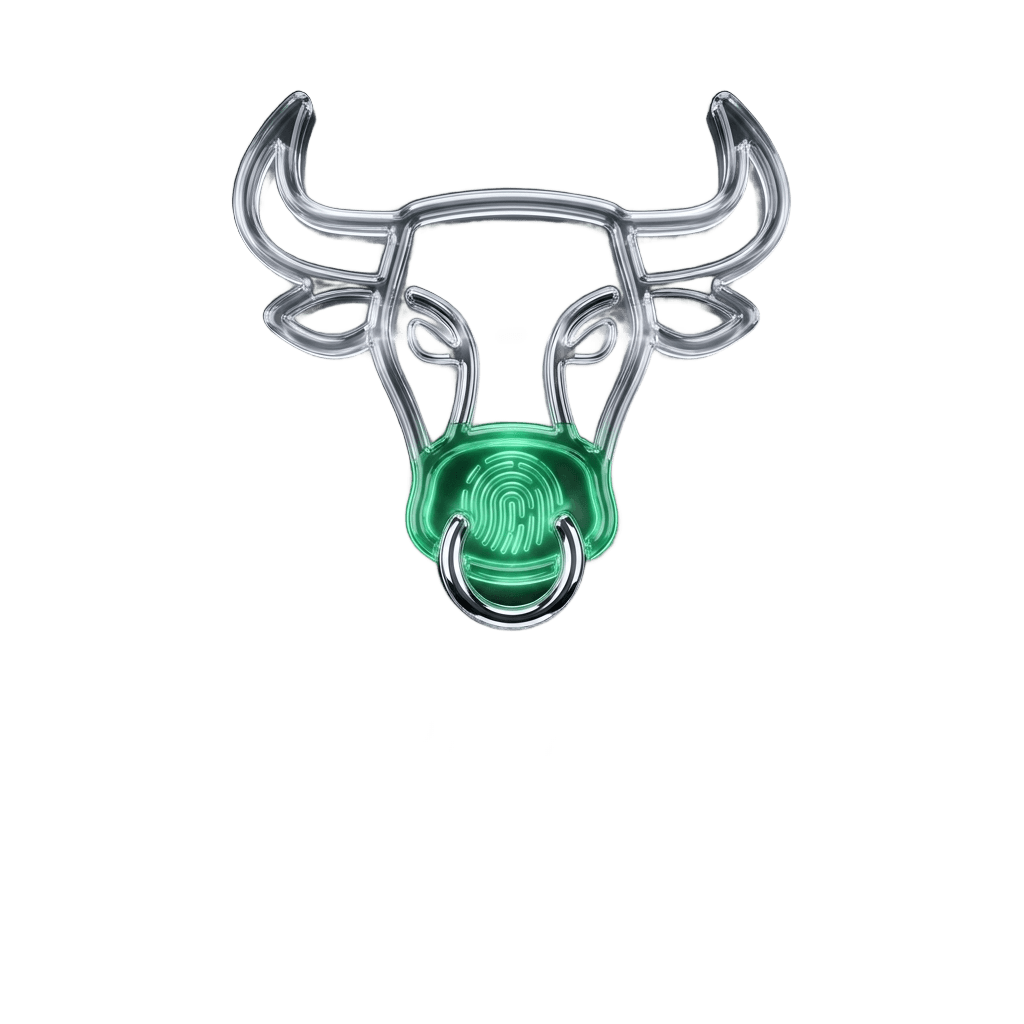 Render em vidro cristal do brasão Muzzle Biometrics: touro translúcido com focinho de impressão digital em verde (arte conceitual da marca).