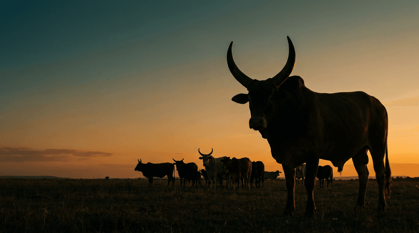 Rebanho Boran ao entardecer em pastagem brasileira (imagem conceitual gerada digitalmente).